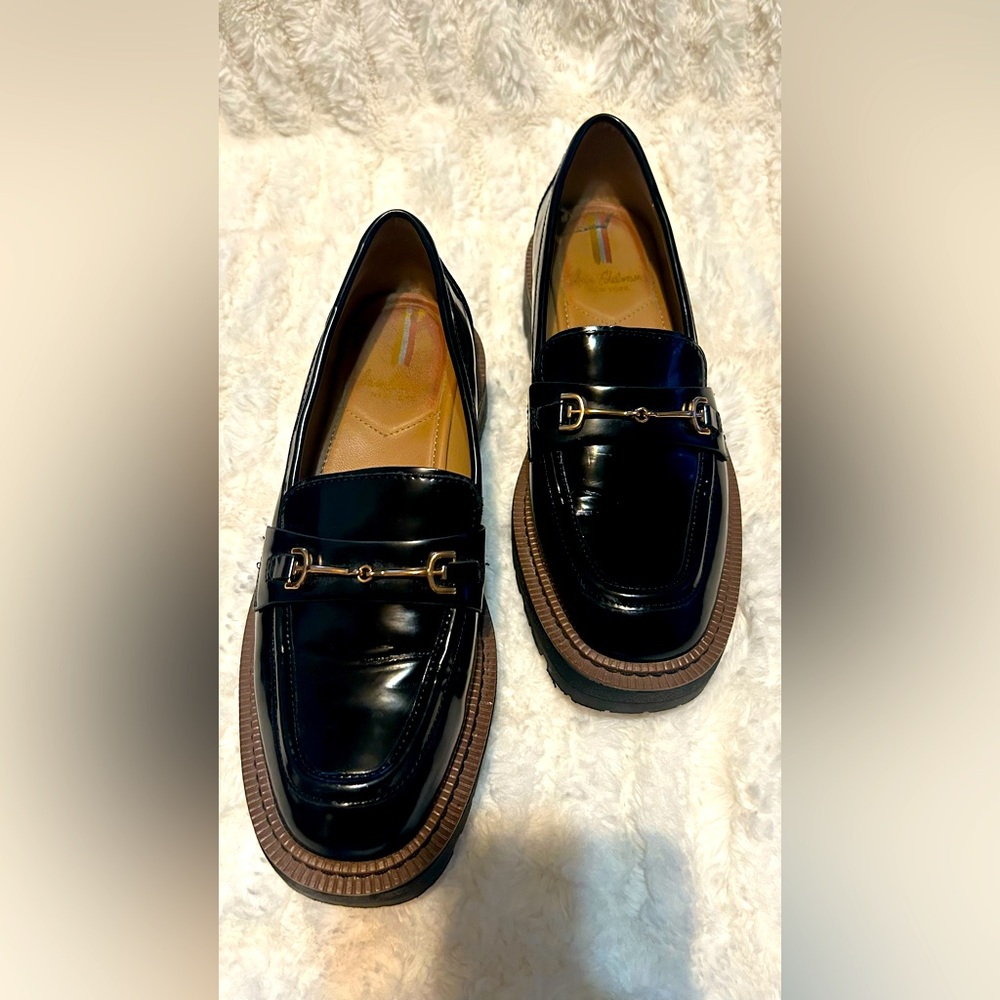 Sam Edelman Glossy Black Loafers with Tan Sole